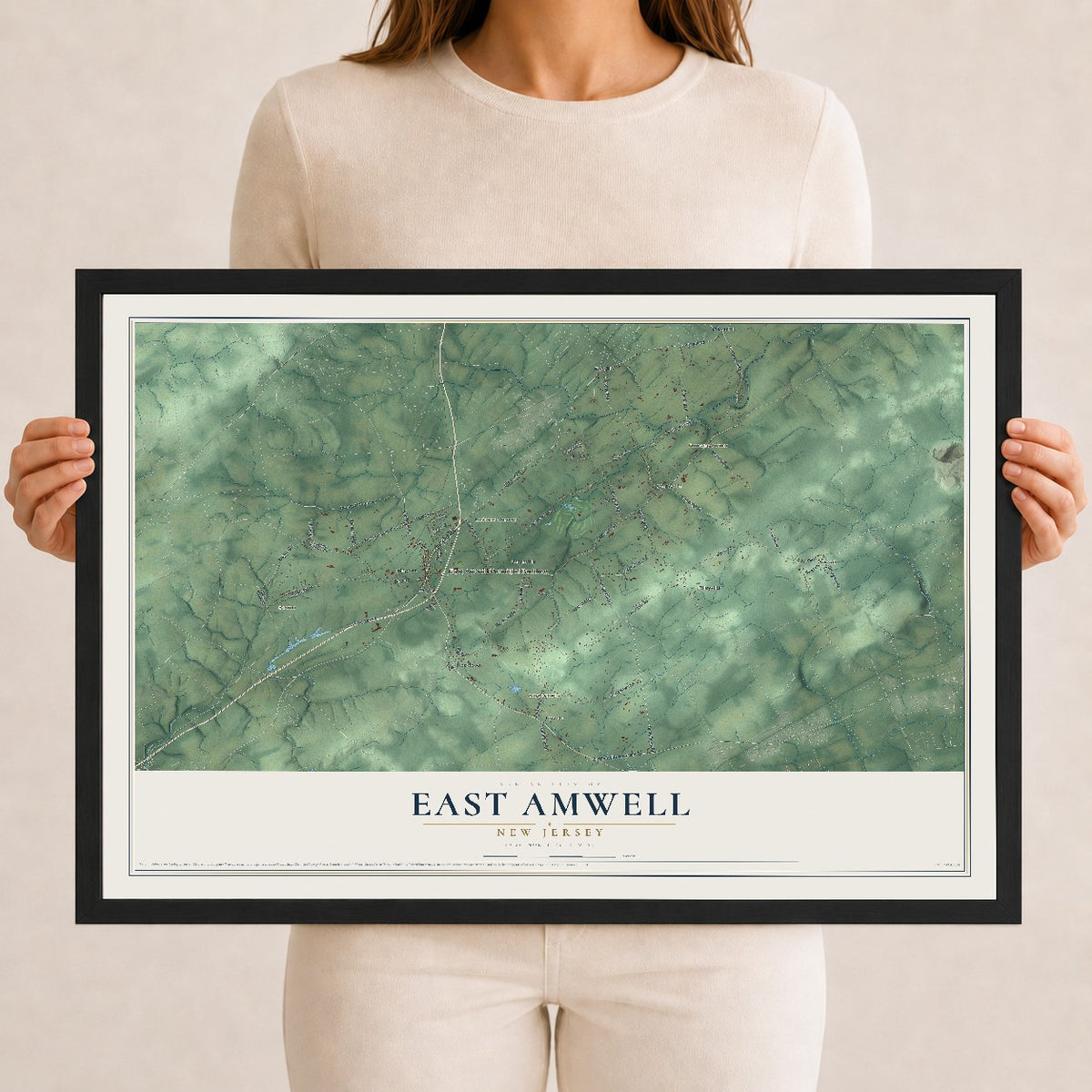 East Amwell, New Jersey map print, 12" x 18" W/ Black Ayous Wood Frame mockup