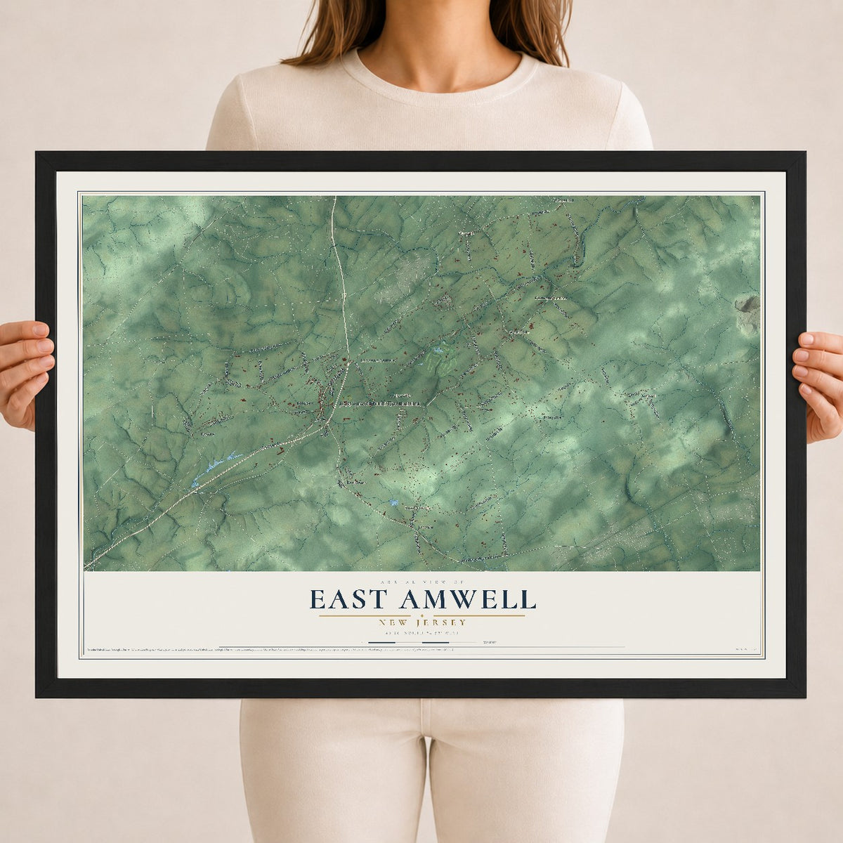 East Amwell, New Jersey map print, 18" x 24" W/ Black Ayous Wood Frame mockup