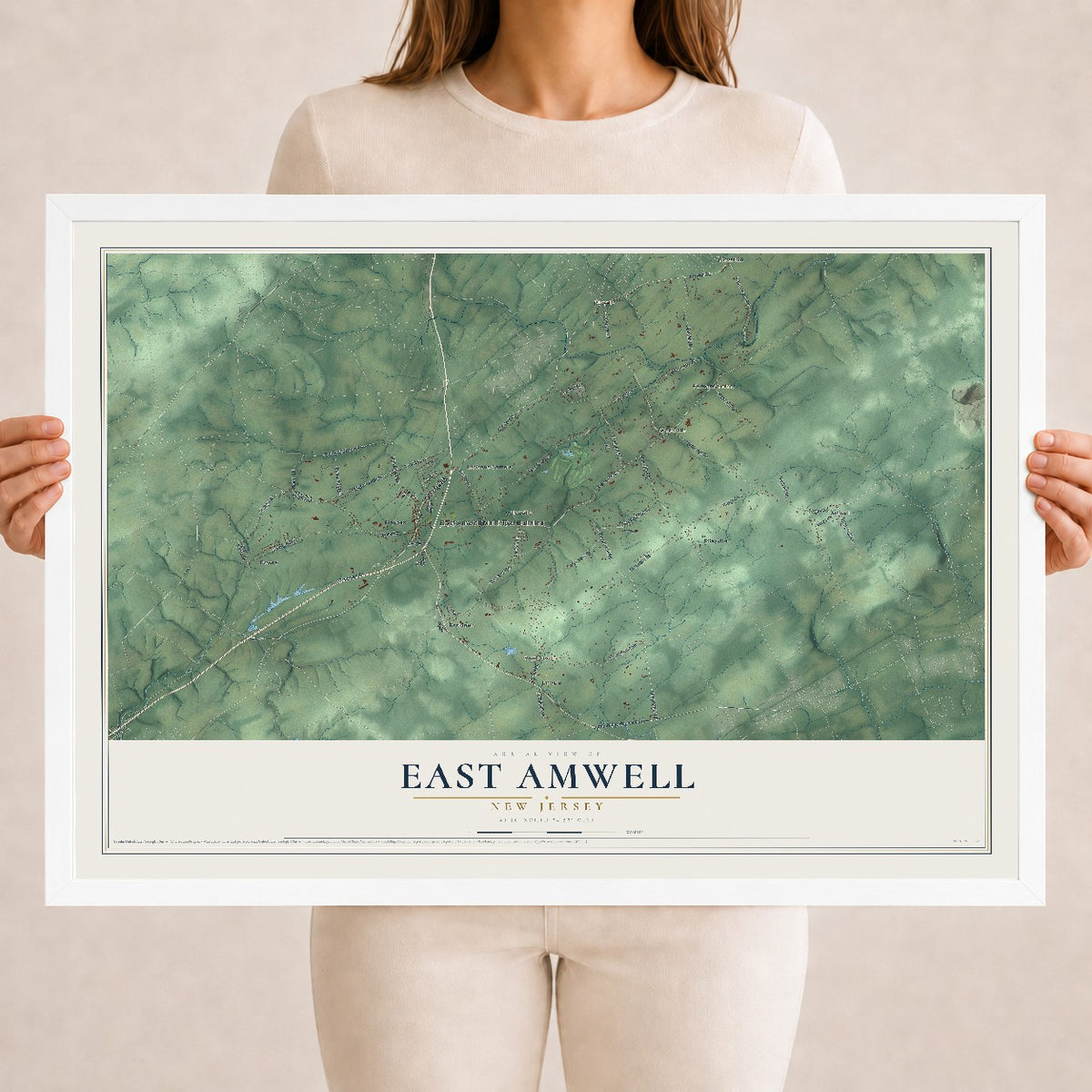 East Amwell, New Jersey map print, 18" x 24" W/ White Ayous Wood Frame mockup