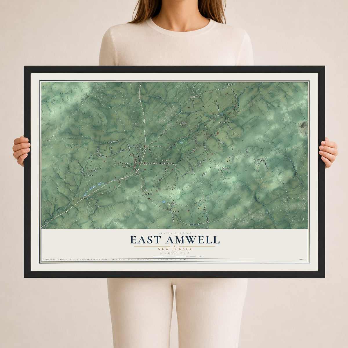 East Amwell, New Jersey map print, 24" x 36" W/ Black Ayous Wood Frame mockup