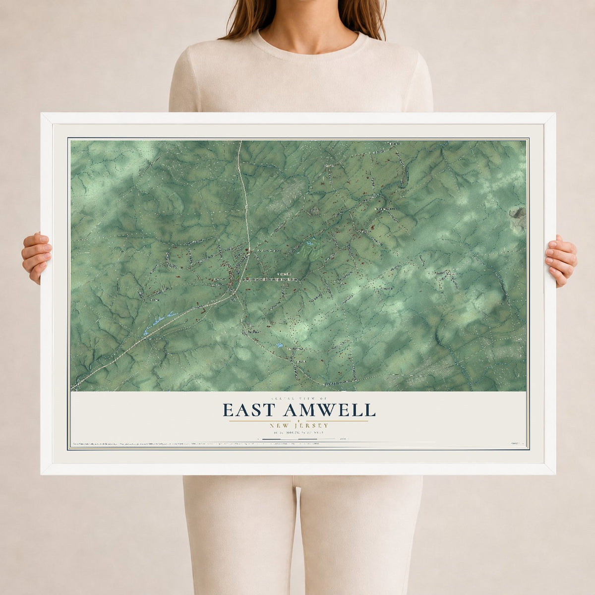 East Amwell, New Jersey map print, 24" x 36" W/ White Ayous Wood Frame mockup