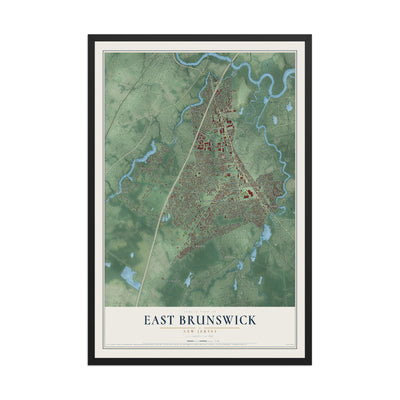 East Brunswick, New Jersey map print, 12" x 18" W/ Black Ayous Wood Frame mockup