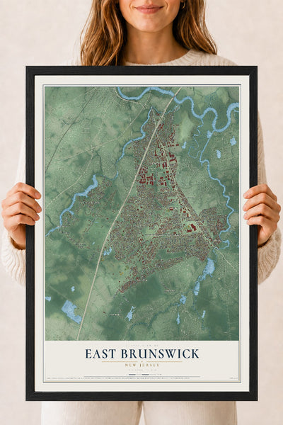 East Brunswick, New Jersey map print, 18" x 24" W/ Black Ayous Wood Frame mockup