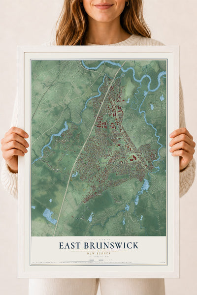 East Brunswick, New Jersey map print, 18" x 24" W/ White Ayous Wood Frame mockup