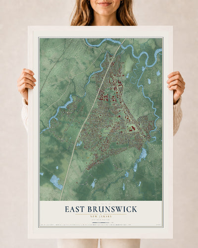 East Brunswick, New Jersey map print, 24" x 36" W/ White Ayous Wood Frame mockup