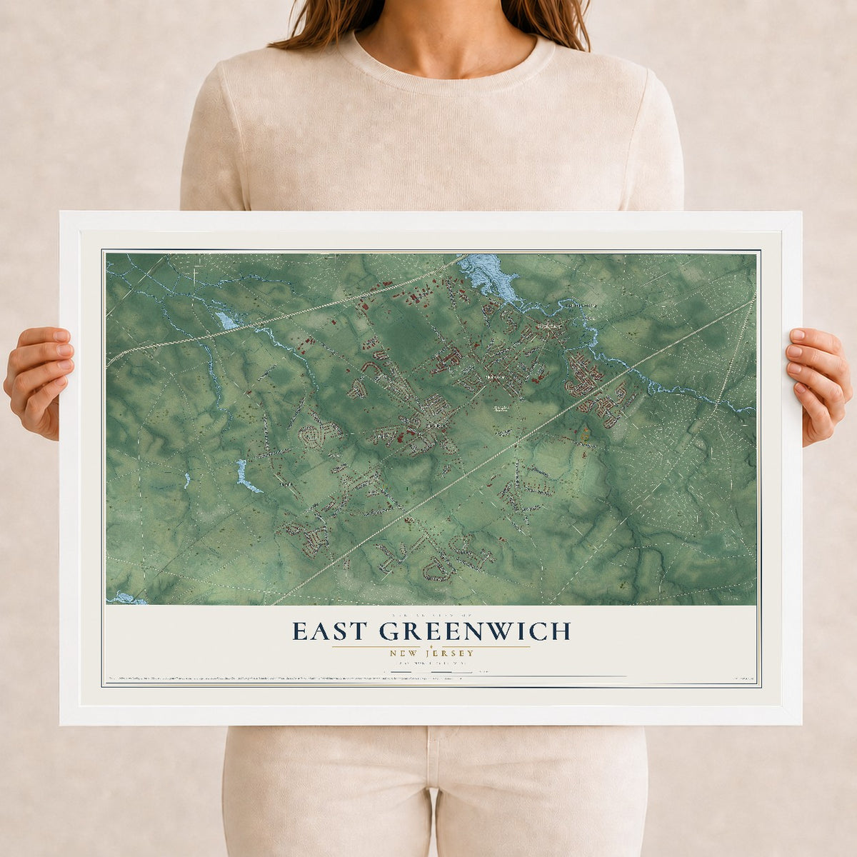 East Greenwich, New Jersey map print, 12" x 18" W/ White Ayous Wood Frame mockup