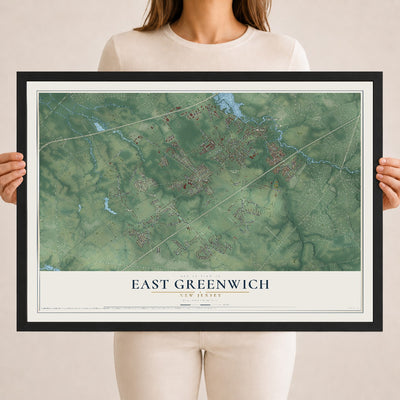 East Greenwich, New Jersey map print, 18" x 24" W/ Black Ayous Wood Frame mockup