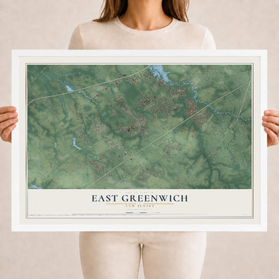 East Greenwich, New Jersey map print, 18" x 24" W/ White Ayous Wood Frame mockup