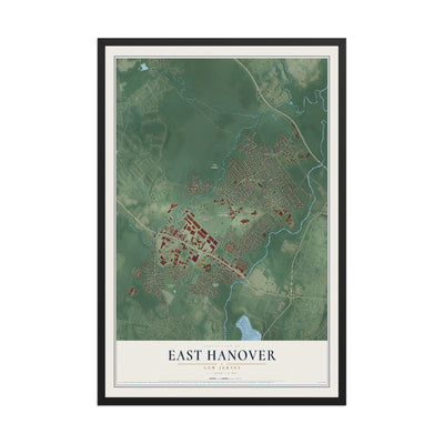 East Hanover, New Jersey map print, 12" x 18" W/ Black Ayous Wood Frame mockup