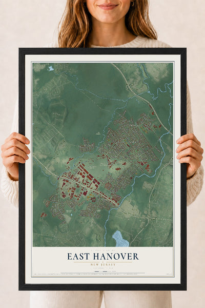 East Hanover, New Jersey map print, 18" x 24" W/ Black Ayous Wood Frame mockup