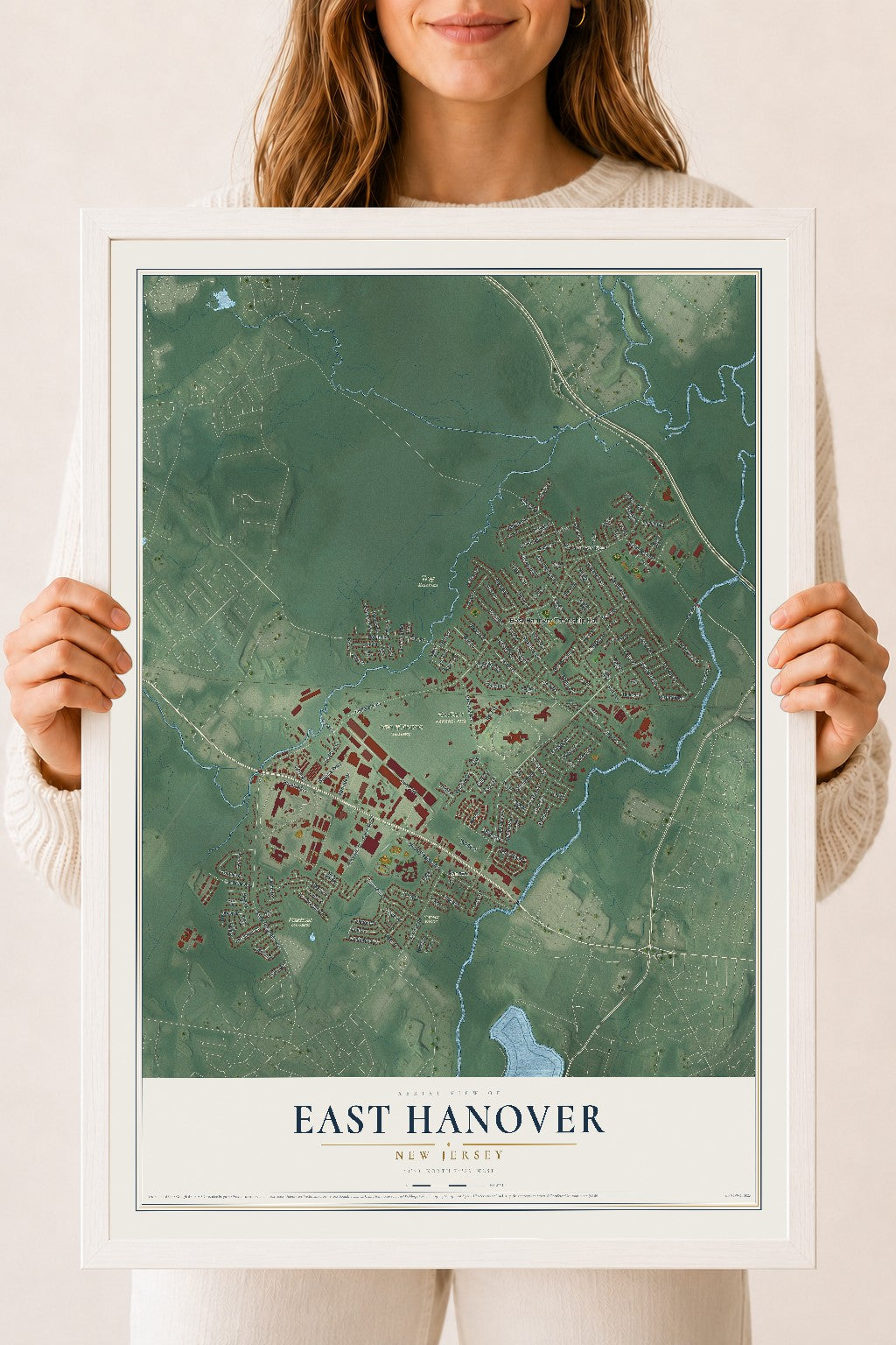 East Hanover, New Jersey map print, 18" x 24" W/ White Ayous Wood Frame mockup