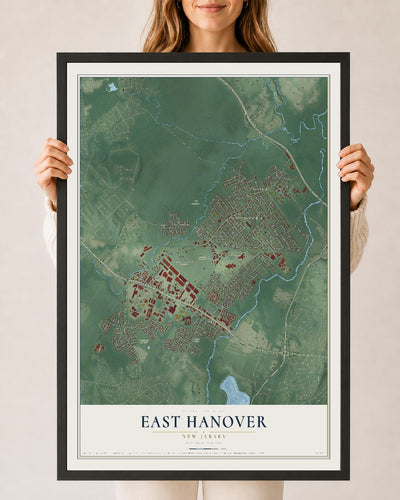 East Hanover, New Jersey map print, 24" x 36" W/ Black Ayous Wood Frame mockup