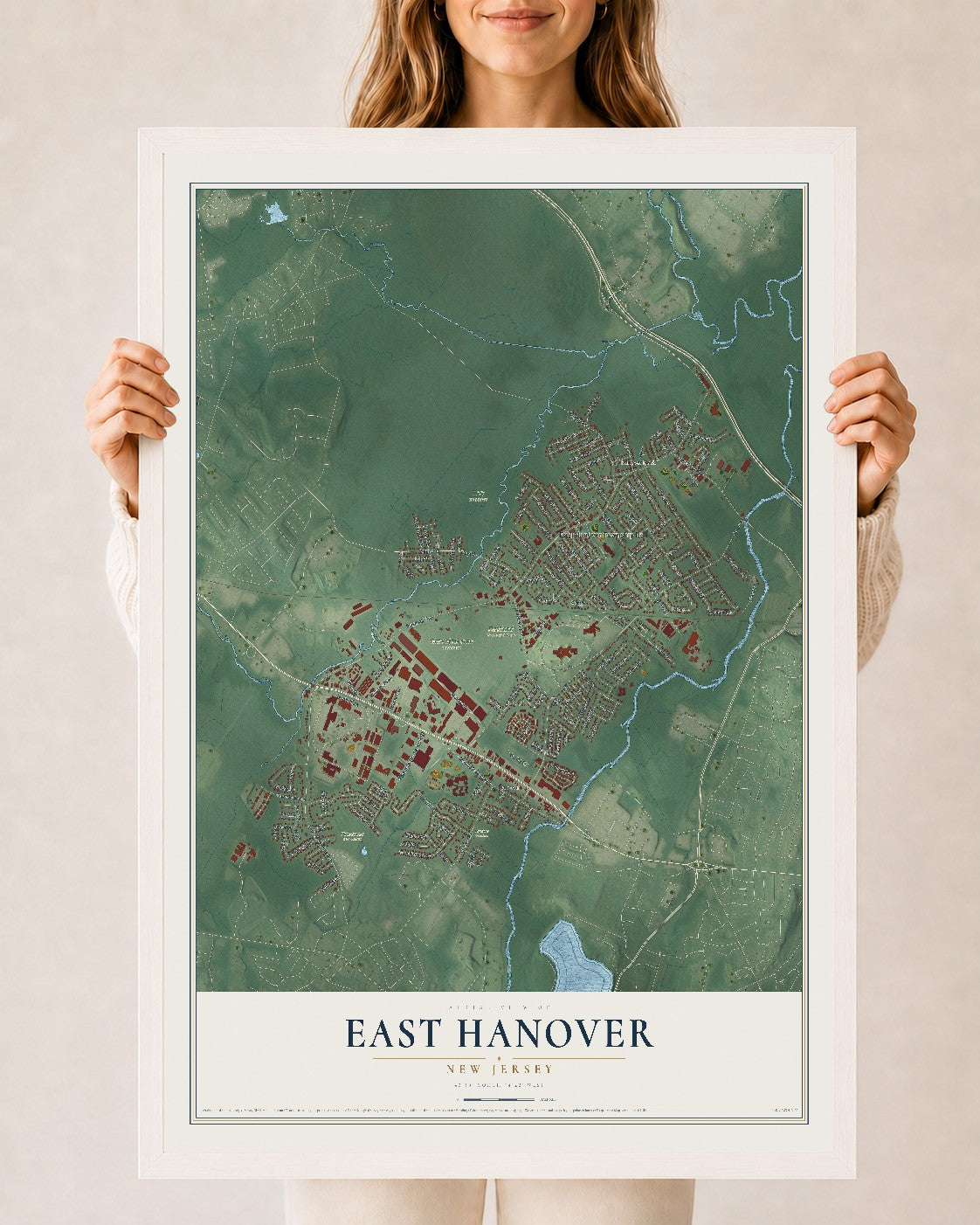 East Hanover, New Jersey map print, 24" x 36" W/ White Ayous Wood Frame mockup