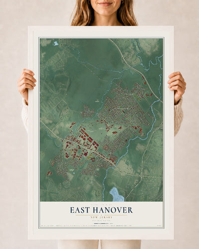 East Hanover, New Jersey map print, 24" x 36" W/ White Ayous Wood Frame mockup