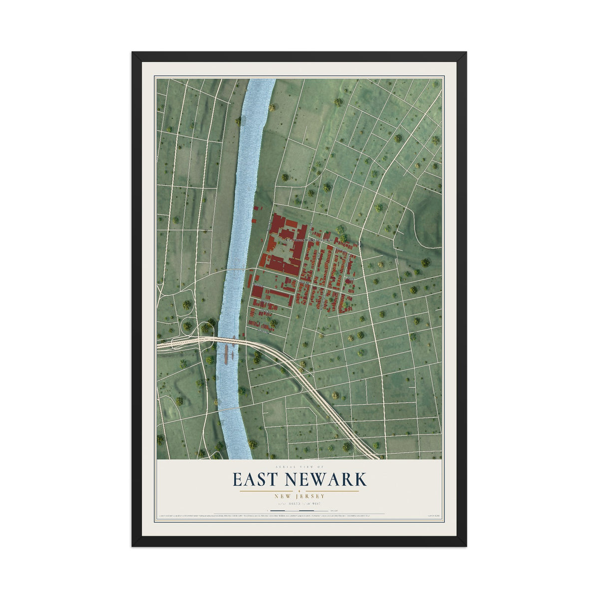 East Newark, New Jersey map print, 12" x 18" W/ Black Ayous Wood Frame mockup