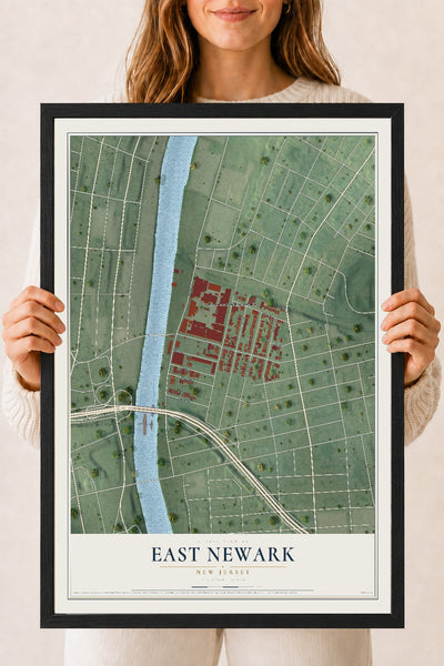 East Newark, New Jersey map print, 18" x 24" W/ Black Ayous Wood Frame mockup