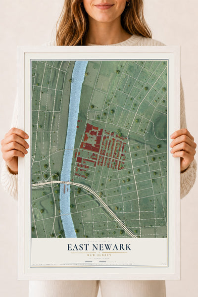 East Newark, New Jersey map print, 18" x 24" W/ White Ayous Wood Frame mockup