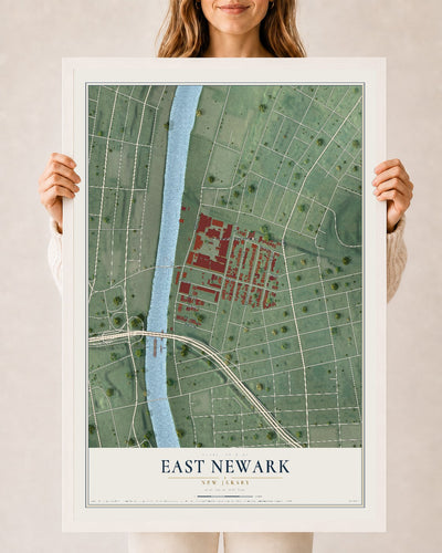 East Newark, New Jersey map print, 24" x 36" W/ White Ayous Wood Frame mockup