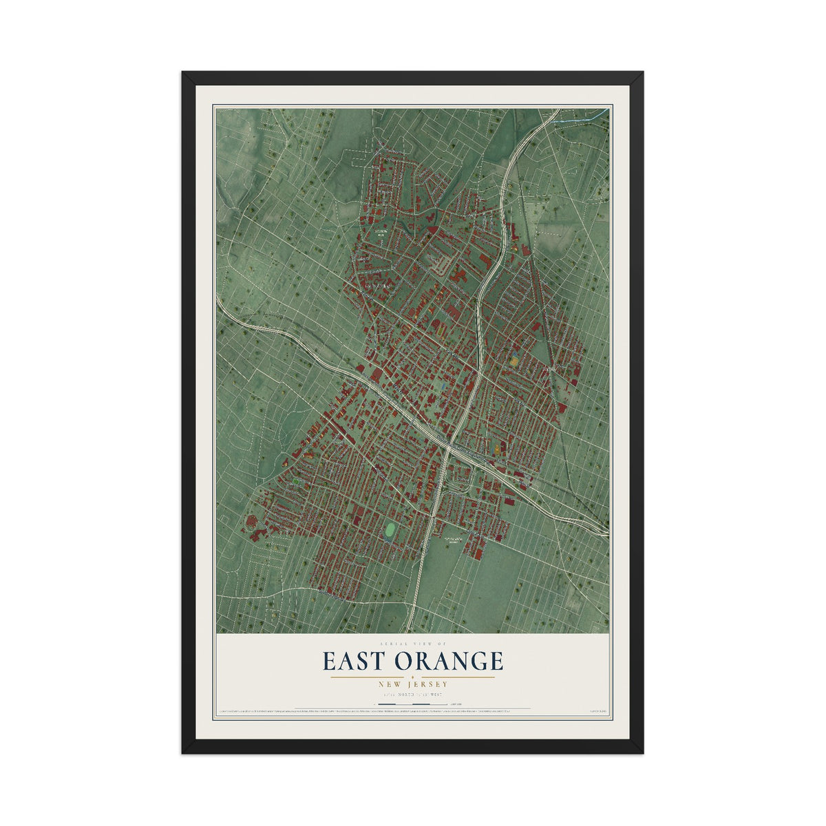 East Orange, New Jersey map print, 12" x 18" W/ Black Ayous Wood Frame mockup