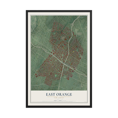 East Orange, New Jersey map print, 12" x 18" W/ Black Ayous Wood Frame mockup