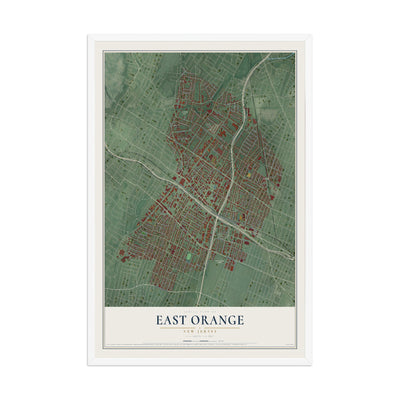 East Orange, New Jersey map print, 12" x 18" W/ White Ayous Wood Frame mockup