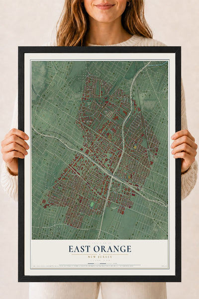East Orange, New Jersey map print, 18" x 24" W/ Black Ayous Wood Frame mockup