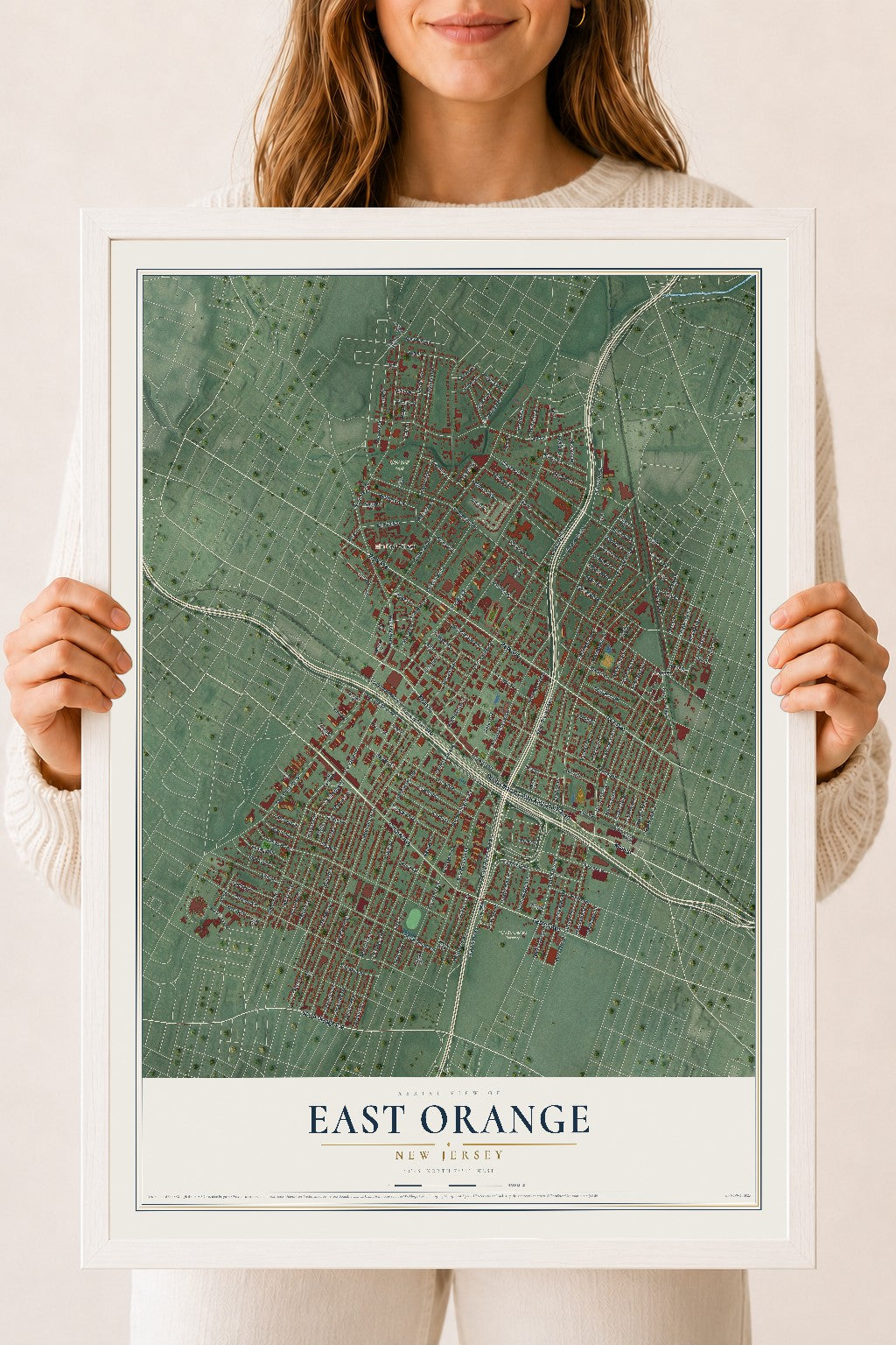 East Orange, New Jersey map print, 18" x 24" W/ White Ayous Wood Frame mockup