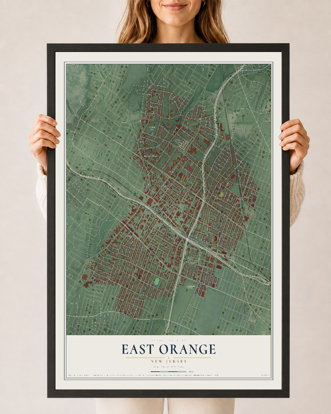 East Orange, New Jersey map print, 24" x 36" W/ Black Ayous Wood Frame mockup