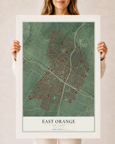 East Orange, New Jersey map print, 24" x 36" W/ White Ayous Wood Frame mockup