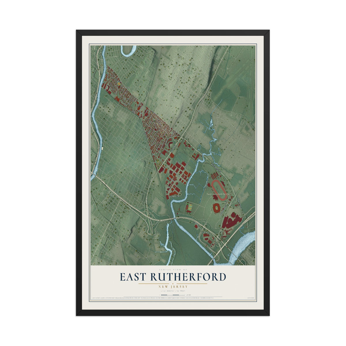 East Rutherford, New Jersey map print, 12" x 18" W/ Black Ayous Wood Frame mockup