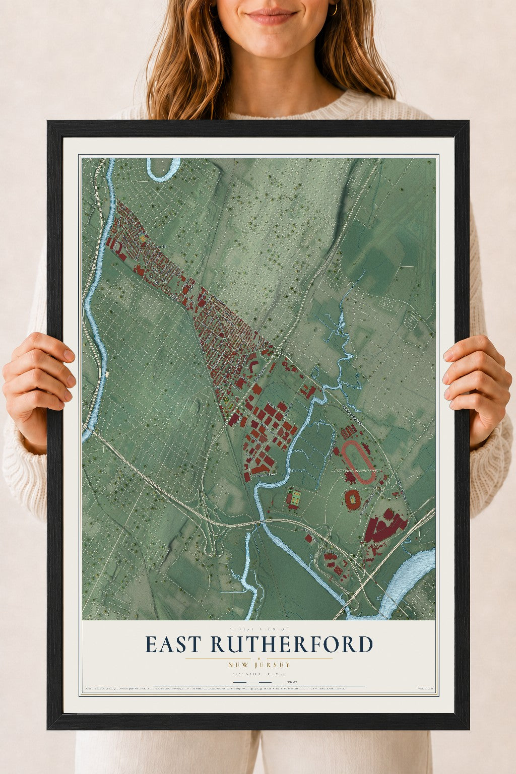 East Rutherford, New Jersey map print, 18" x 24" W/ Black Ayous Wood Frame mockup