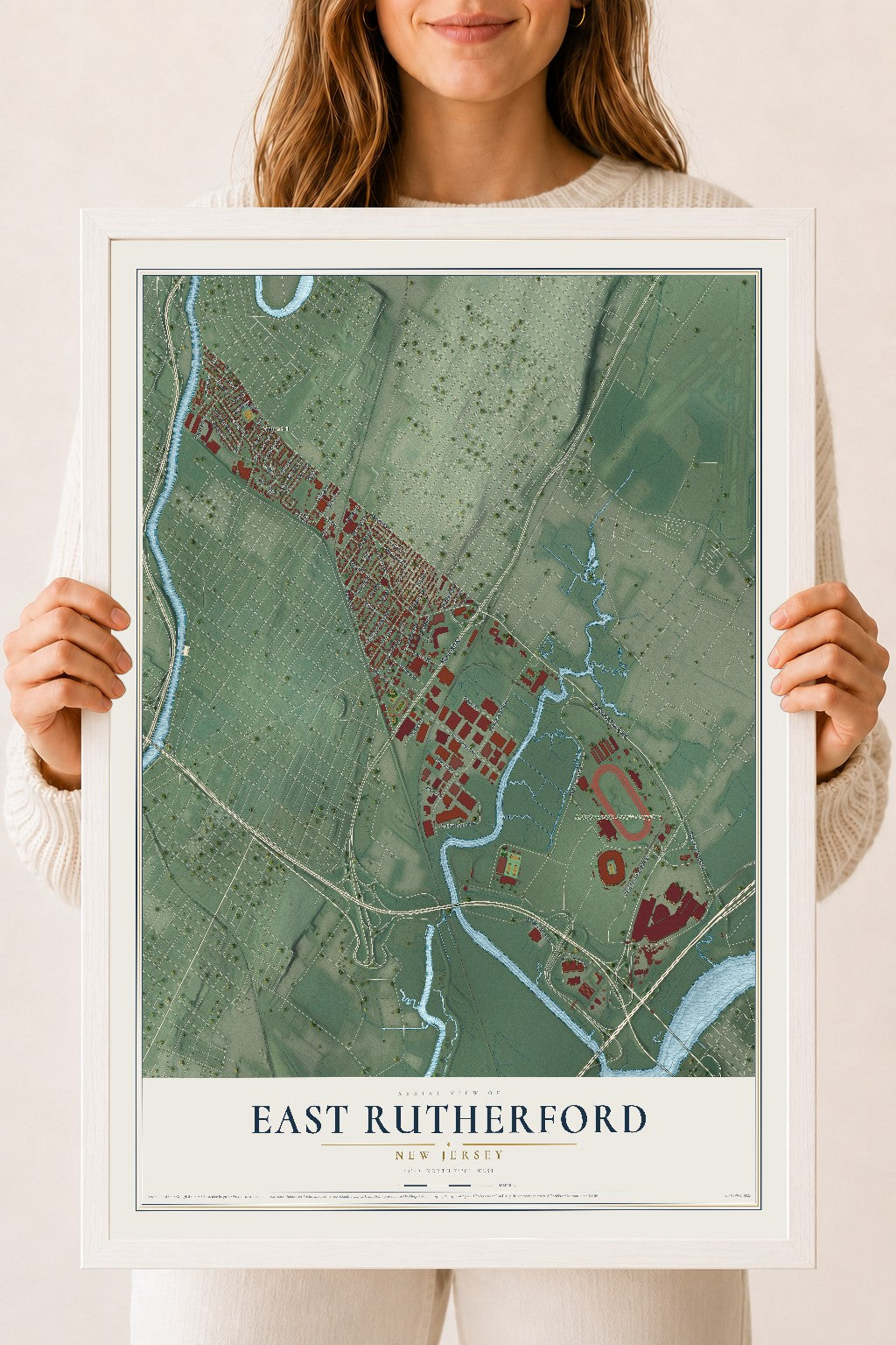 East Rutherford, New Jersey map print, 18" x 24" W/ White Ayous Wood Frame mockup