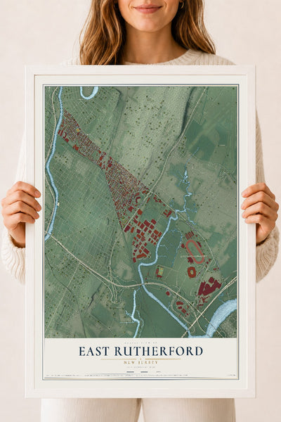 East Rutherford, New Jersey map print, 18" x 24" W/ White Ayous Wood Frame mockup