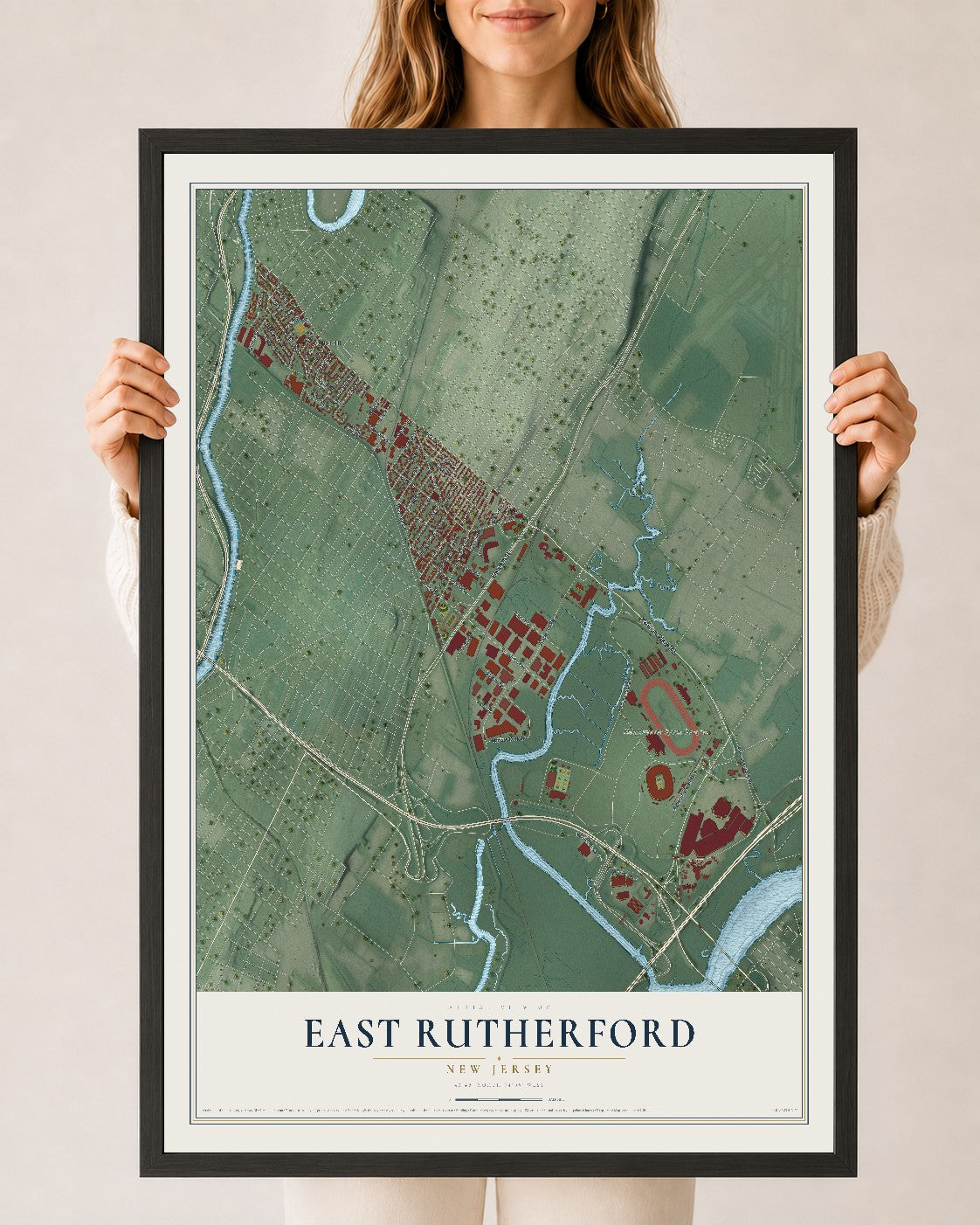 East Rutherford, New Jersey map print, 24" x 36" W/ Black Ayous Wood Frame mockup