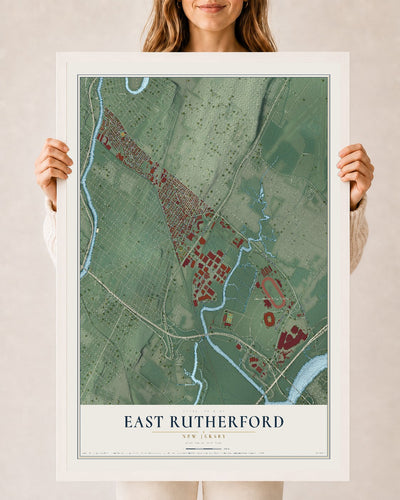 East Rutherford, New Jersey map print, 24" x 36" W/ White Ayous Wood Frame mockup