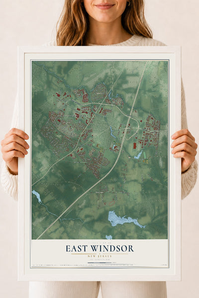 East Windsor, New Jersey map print, 18" x 24" W/ White Ayous Wood Frame mockup