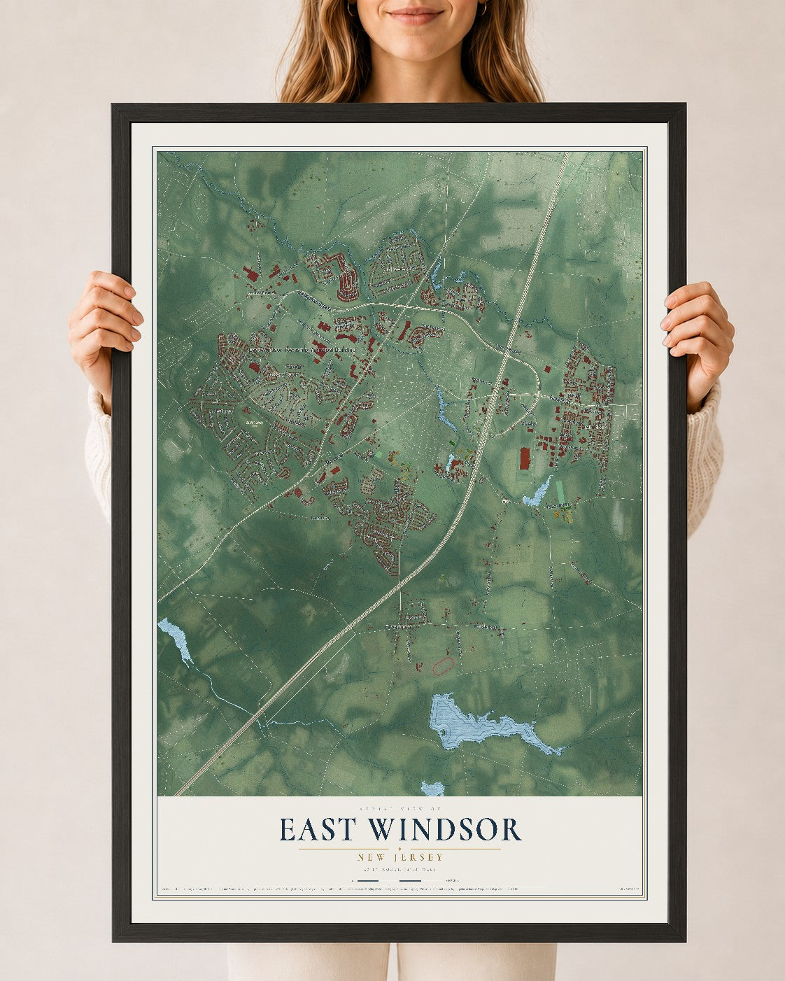 East Windsor, New Jersey map print, 24" x 36" W/ Black Ayous Wood Frame mockup