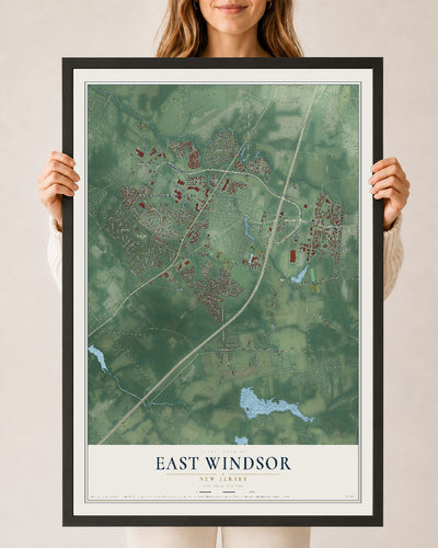 East Windsor, New Jersey map print, 24" x 36" W/ Black Ayous Wood Frame mockup