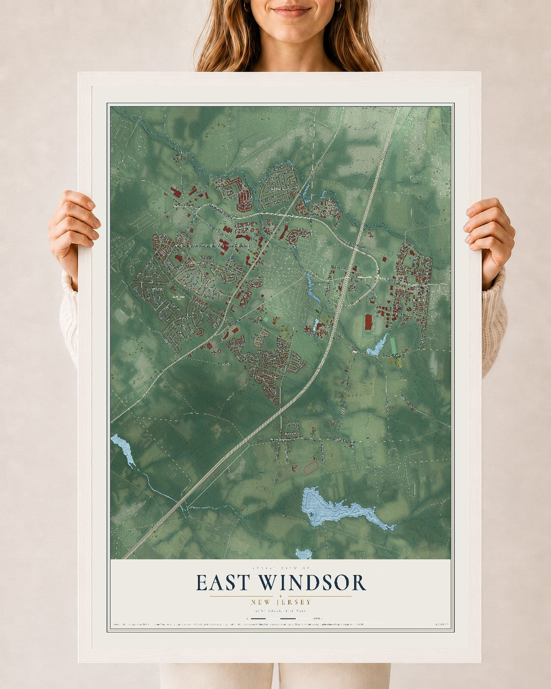 East Windsor, New Jersey map print, 24" x 36" W/ White Ayous Wood Frame mockup