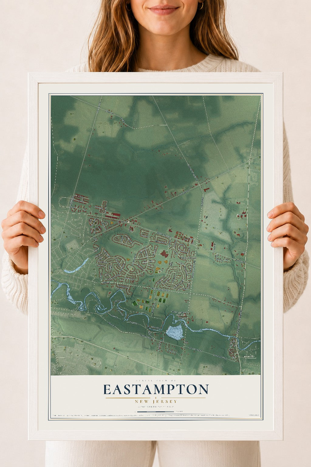 Eastampton, New Jersey map print, 18" x 24" W/ White Ayous Wood Frame mockup