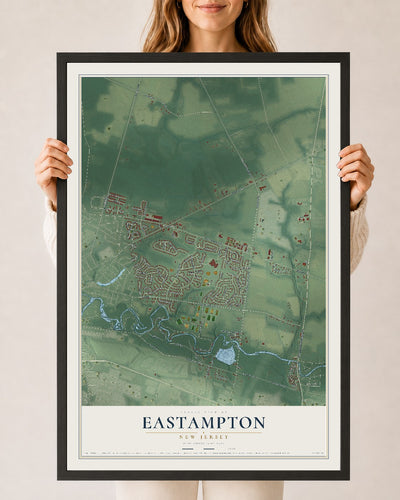 Eastampton, New Jersey map print, 24" x 36" W/ Black Ayous Wood Frame mockup