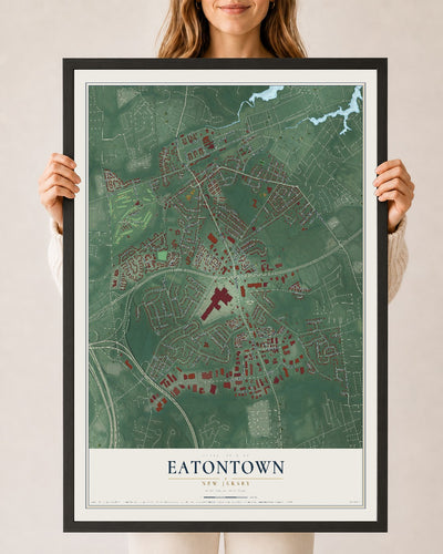 Eatontown, New Jersey map print, 24" x 36" W/ Black Ayous Wood Frame mockup