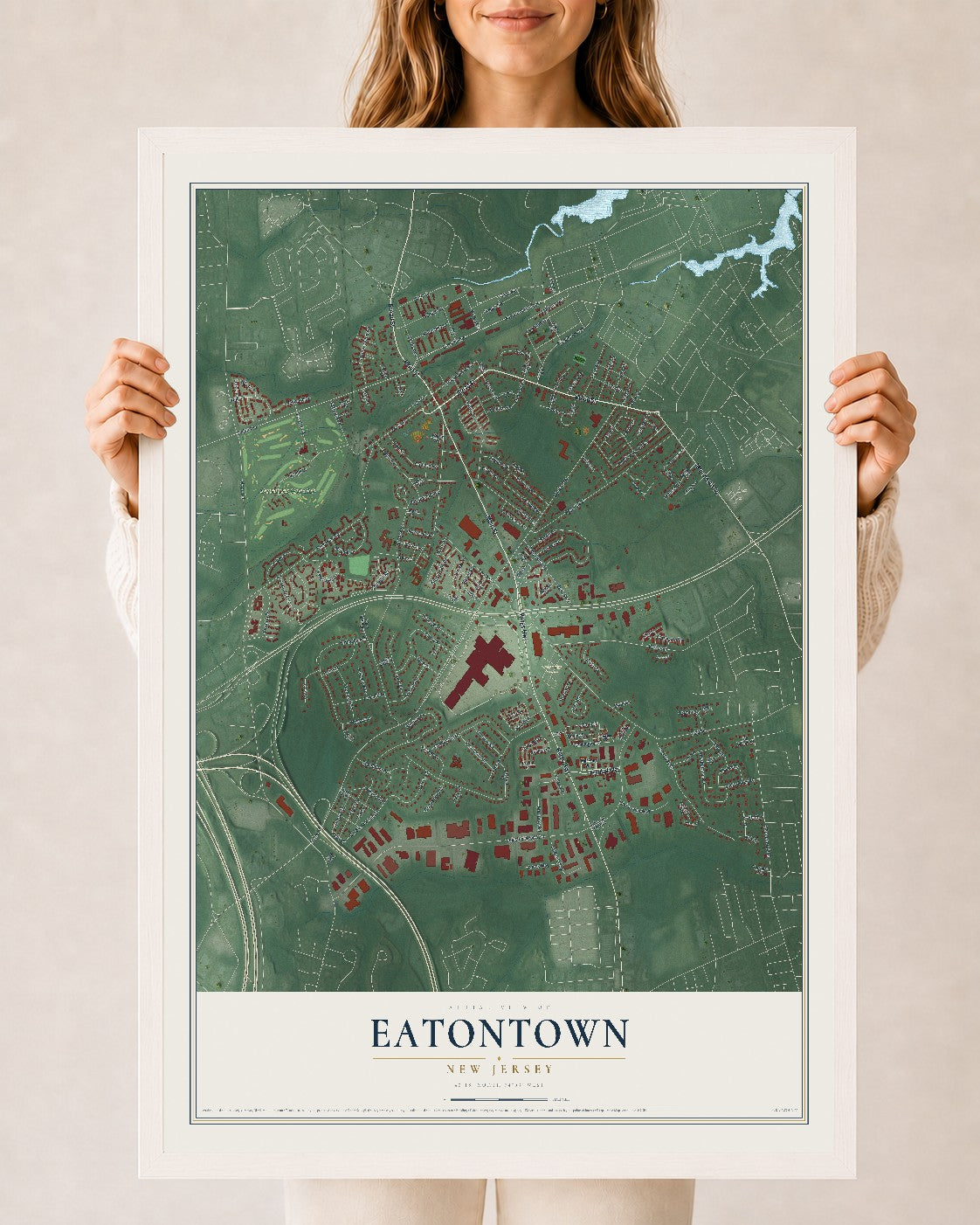 Eatontown, New Jersey map print, 24" x 36" W/ White Ayous Wood Frame mockup