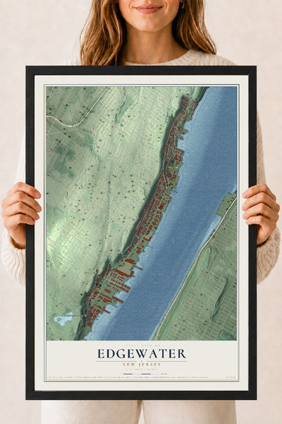 Edgewater, New Jersey map print, 18" x 24" W/ Black Ayous Wood Frame mockup