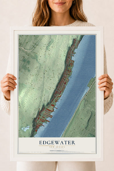 Edgewater, New Jersey map print, 18" x 24" W/ White Ayous Wood Frame mockup