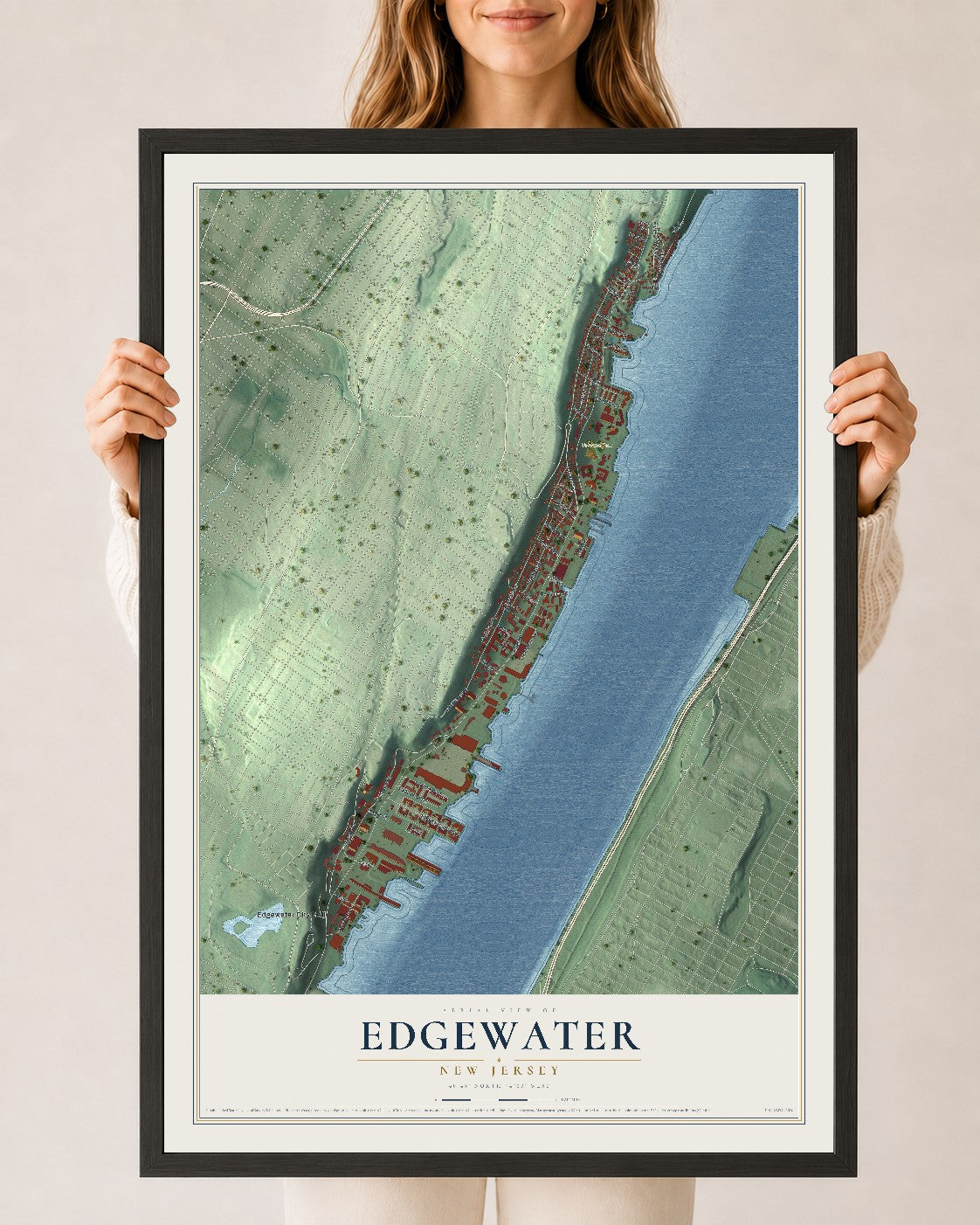 Edgewater, New Jersey map print, 24" x 36" W/ Black Ayous Wood Frame mockup