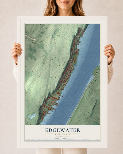 Edgewater, New Jersey map print, 24" x 36" W/ White Ayous Wood Frame mockup