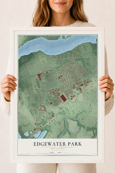 Edgewater Park, New Jersey map print, 18" x 24" W/ White Ayous Wood Frame mockup