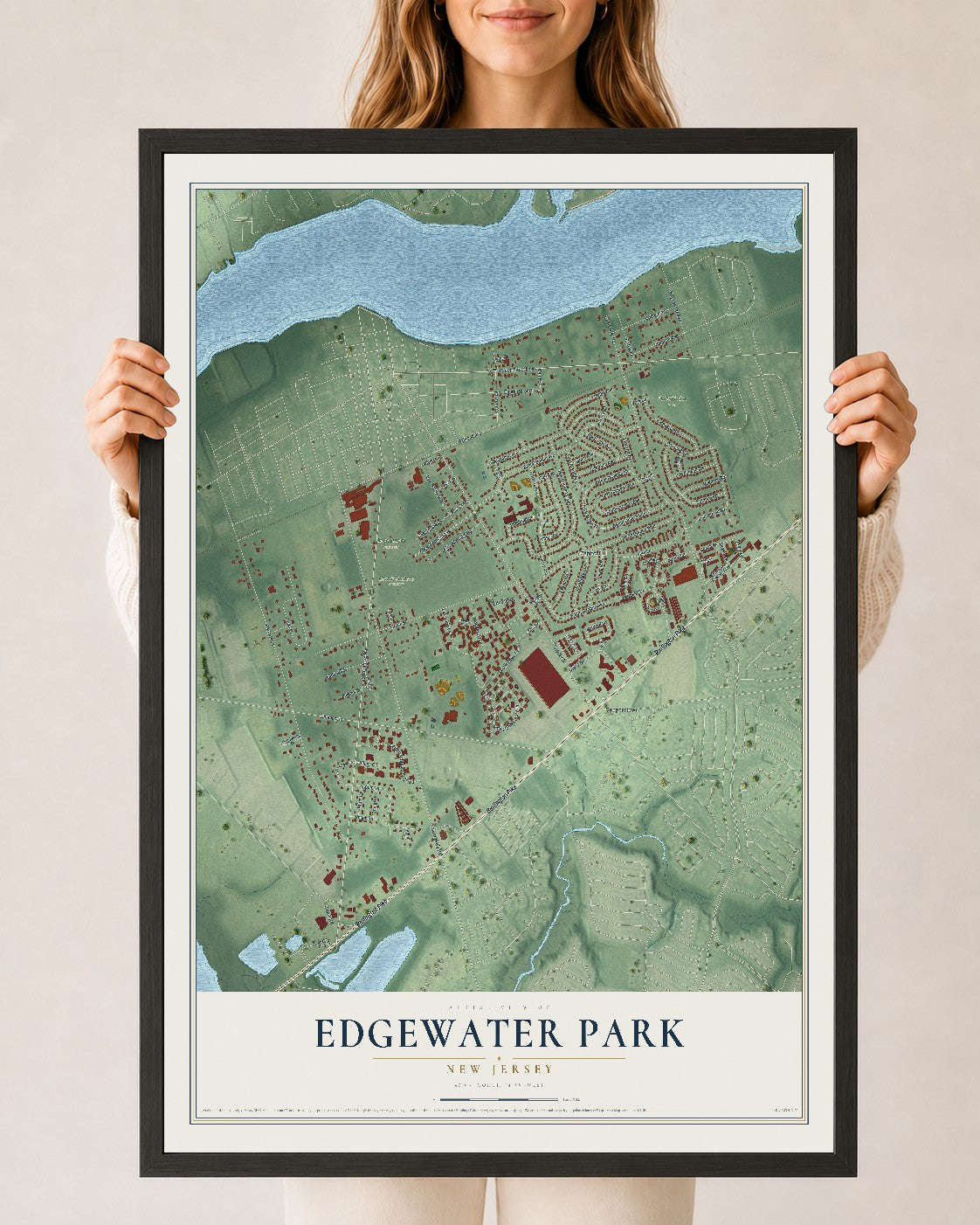Edgewater Park, New Jersey map print, 24" x 36" W/ Black Ayous Wood Frame mockup