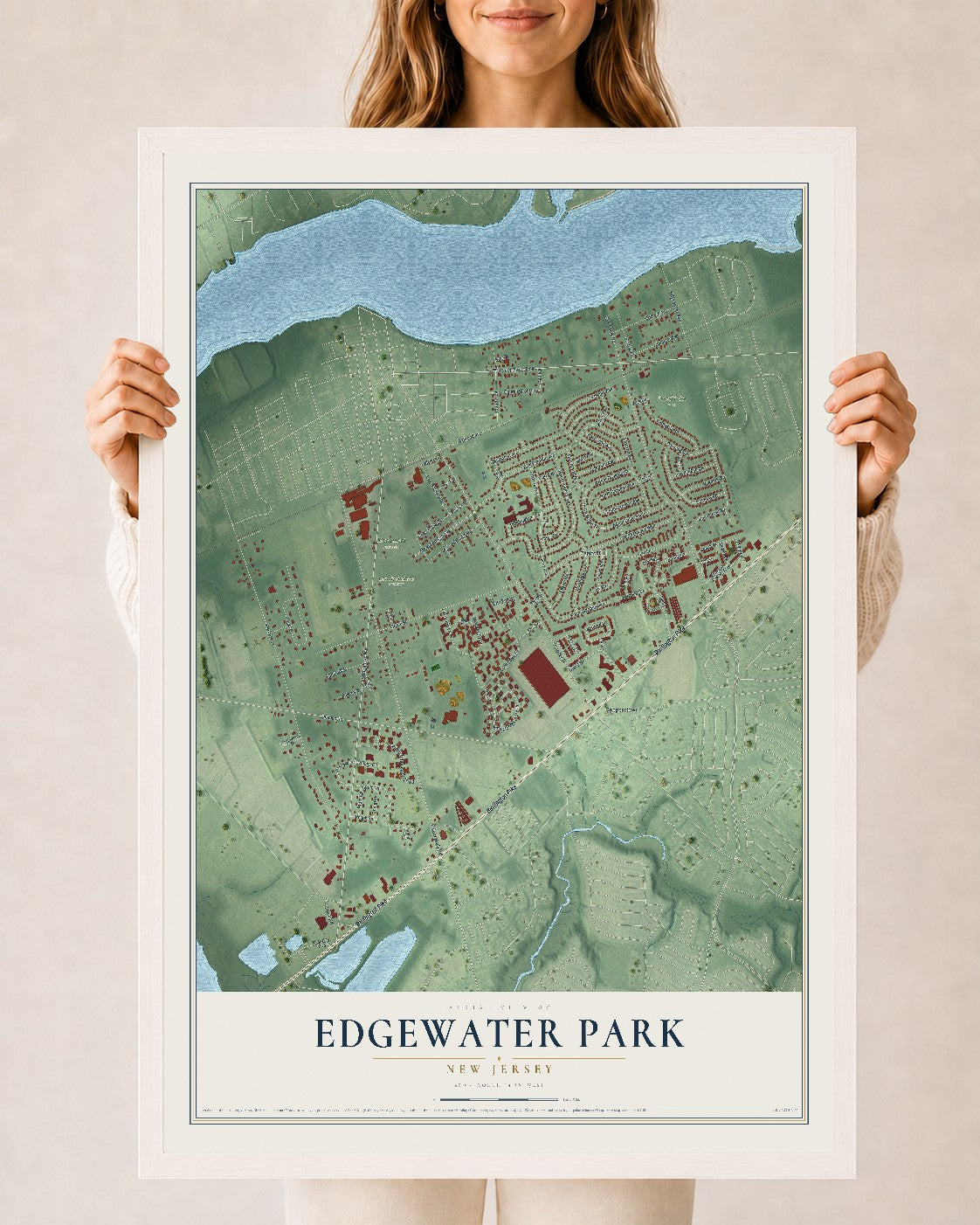 Edgewater Park, New Jersey map print, 24" x 36" W/ White Ayous Wood Frame mockup